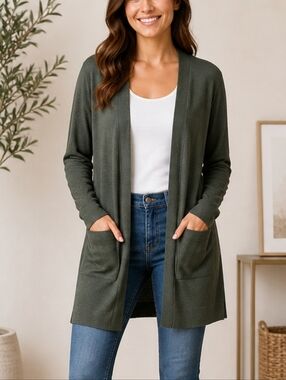 LOFT Open Front Cardigan – Olive Green | Size Medium
